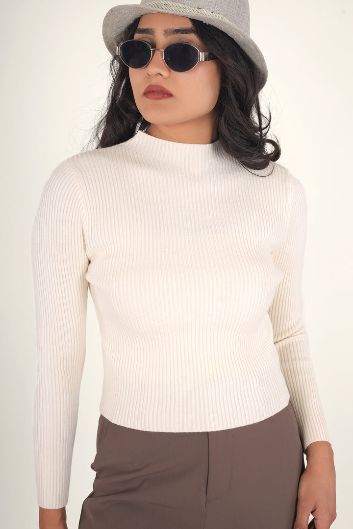 Beige White Turtle Neck Top