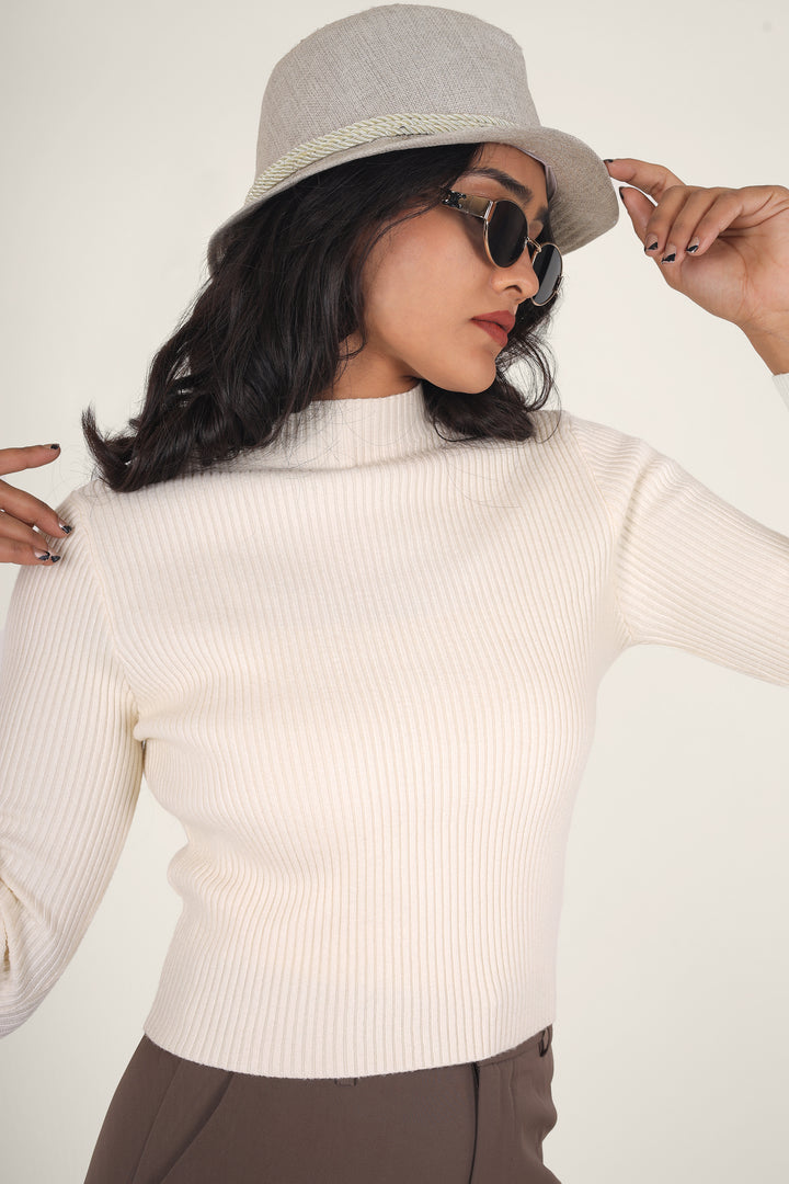 Beige White Turtle Neck Top