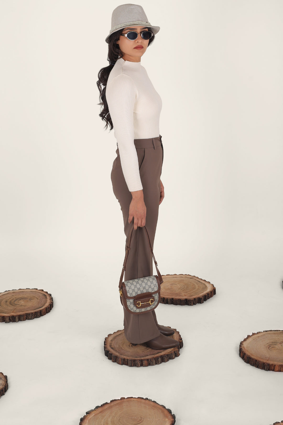 Beige White Turtle Neck Top